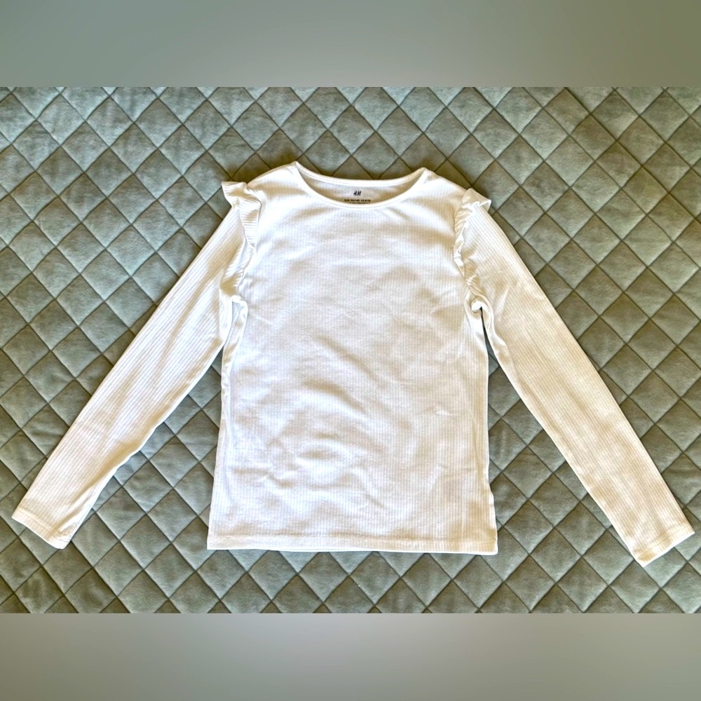 H&M Girls’ Ribbed Long Sleeve Top, White
